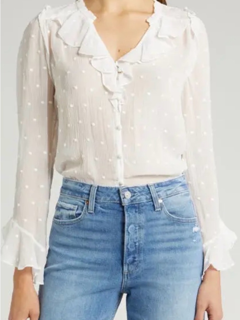 PAIGE Cream Swiss Dot Ruffle V-Neck Blouse